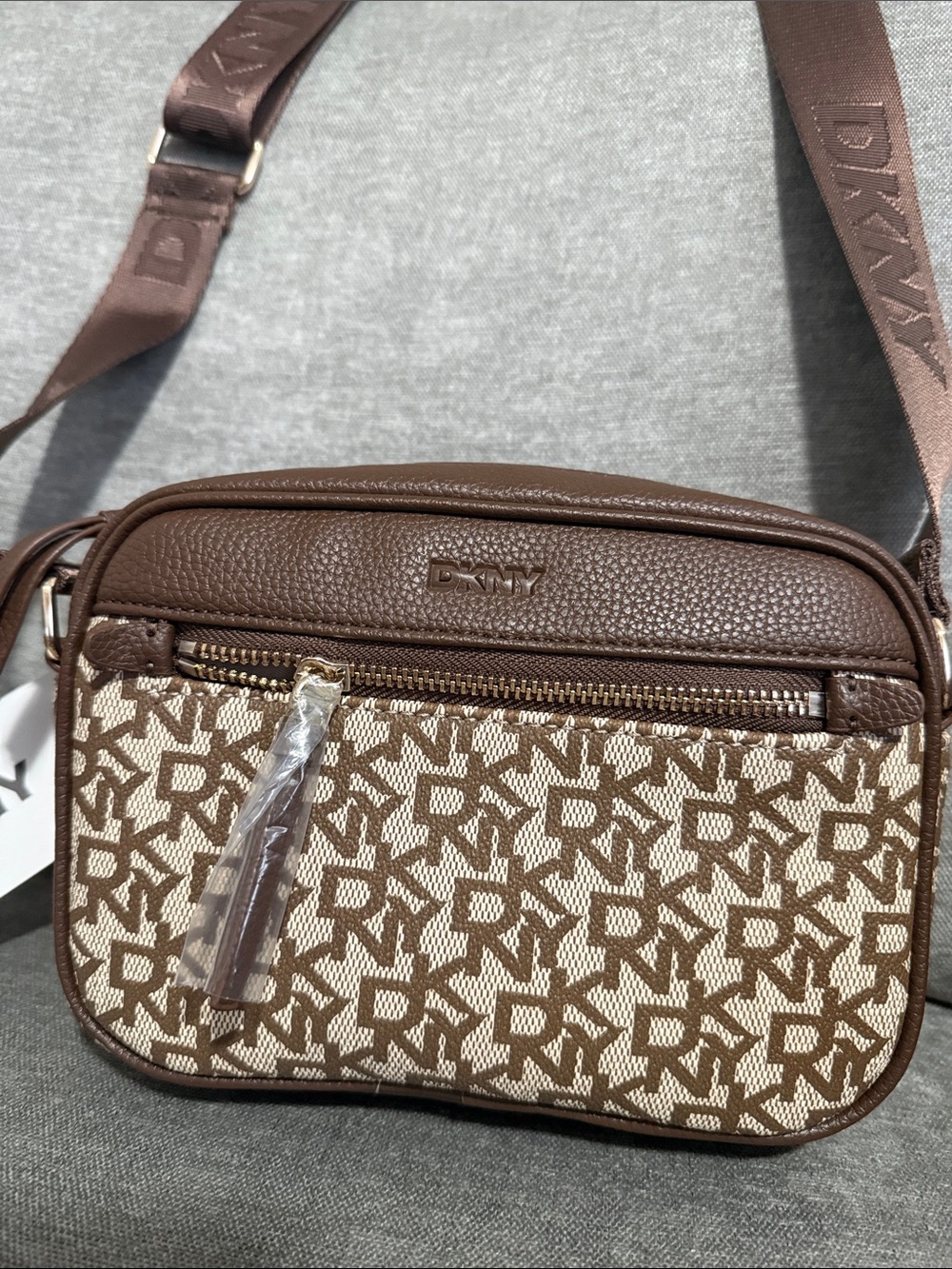 DKNY Brown and Beige Logo Crossbody Camera Bag